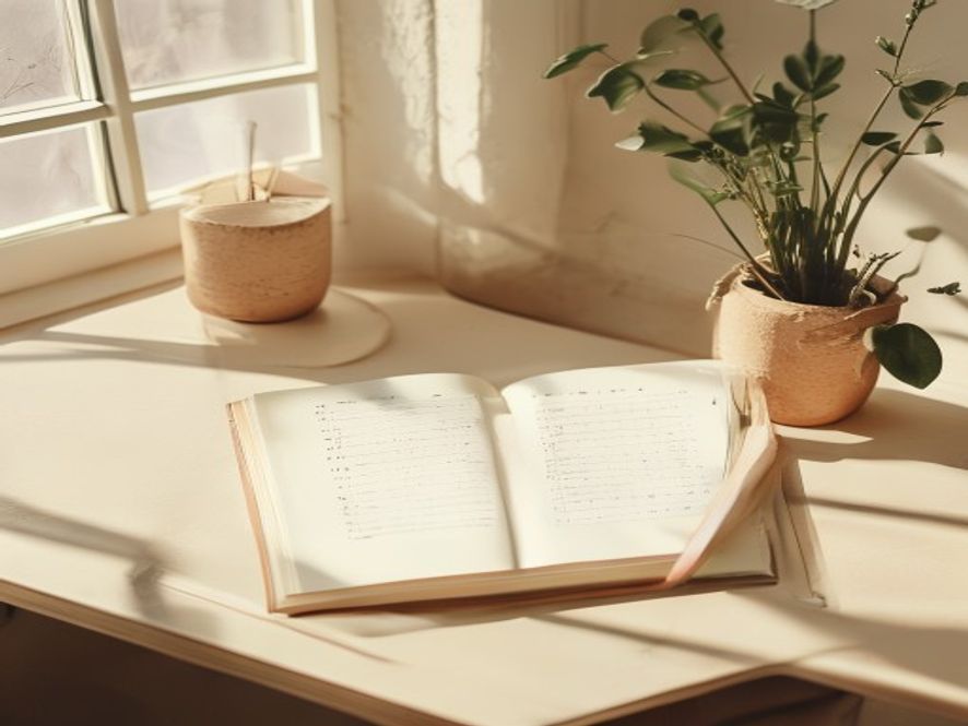 Minimalist desk with open notebook showing a daily plan, soft natural light